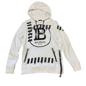 Balmain Paris Mens Rhinestone Logo Hoodie White Cotton Sweatshirt Size S